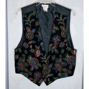 Vintage 90s Floral Velour Vest Womens 20W Plus Tie Back Boho Whimsigoth USA